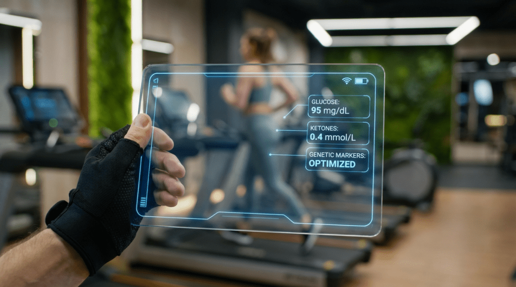 A kezében egy edzés közben használt, digitális, átlátszó kijelző látható, amelyen a glükóz és ketonszint adatai, valamint genetikai marker optimalizálás szerepel. A háttérben egy nő fut egy futópadon.